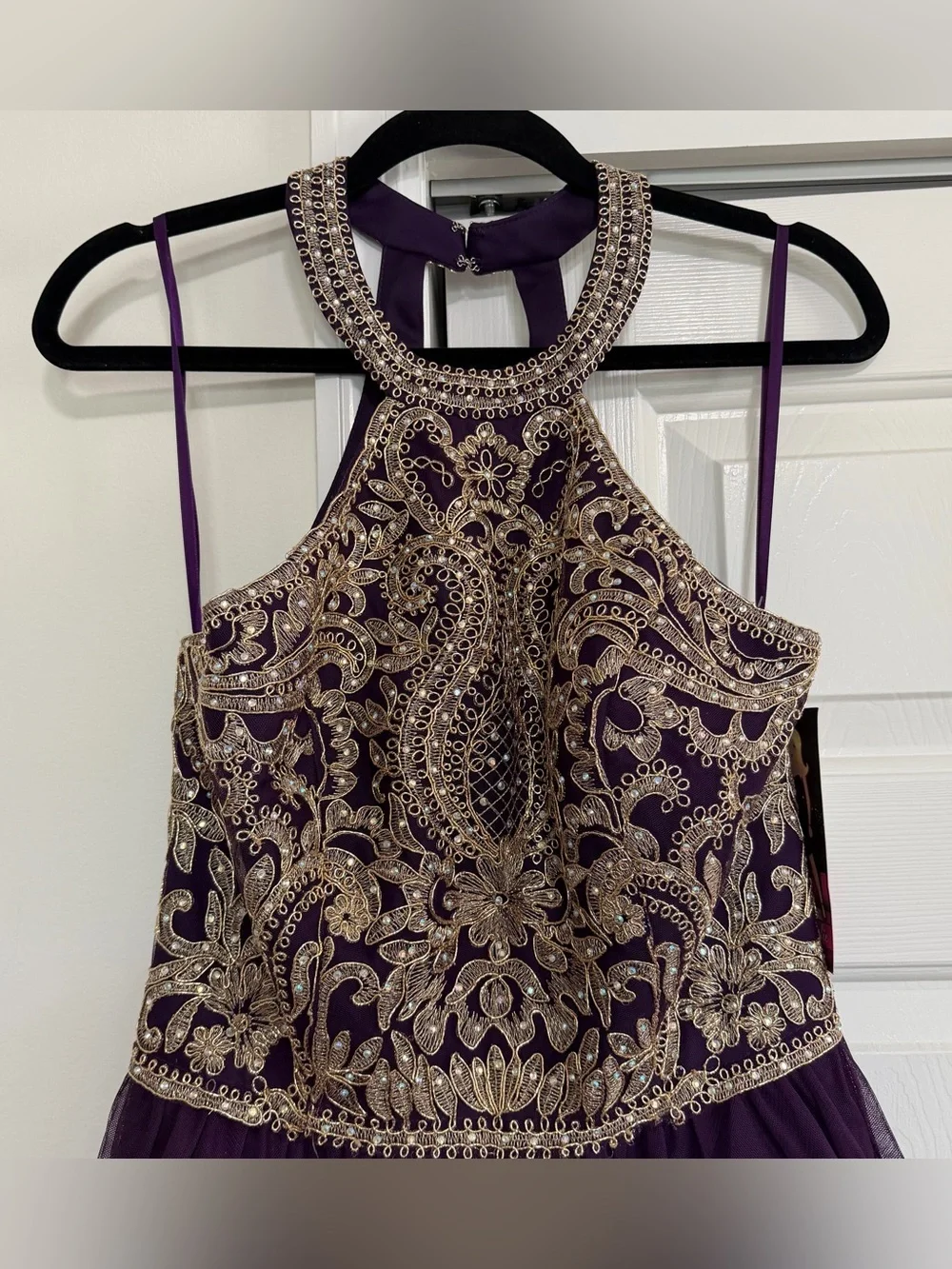 Blondie Purple Gold Trimmed Halter Neck Cocktail Homecoming Dress NWT Size 11